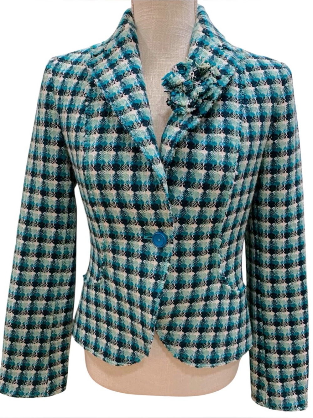 Vintage Zara Teal Blue Plaid Tweed Blazer Jacket Size 6 Wool + Flower Brooch